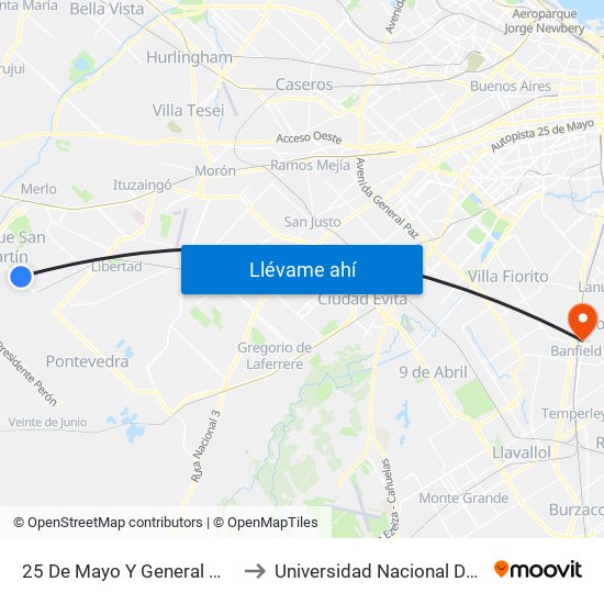 25 De Mayo Y General Mosconi to Universidad Nacional De Lanús map