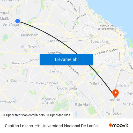 Capitán Lozano to Universidad Nacional De Lanús map