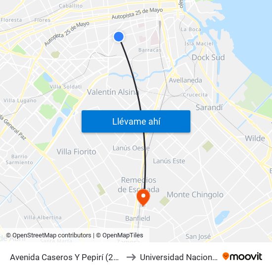 Avenida Caseros Y Pepirí (25 - 50 - 65 - 101) to Universidad Nacional De Lanús map