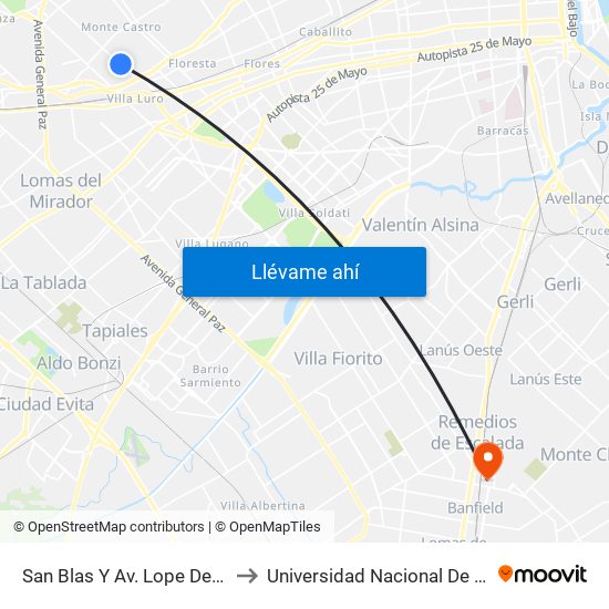 San Blas Y Av. Lope De Vega to Universidad Nacional De Lanús map