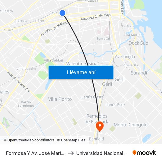Formosa Y Av. José María Moreno to Universidad Nacional De Lanús map