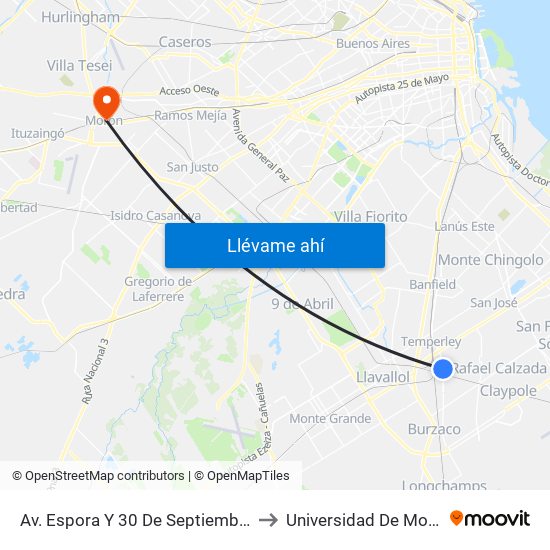 Av. Espora Y 30 De Septiembre - Divisoria Temperley to Universidad De Morón Sede Central map