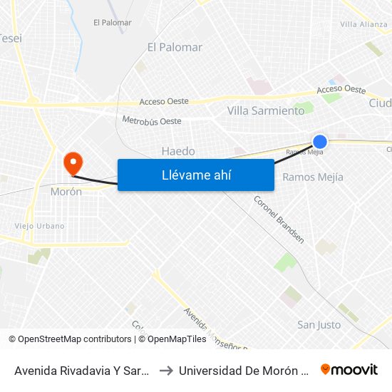 Avenida Rivadavia Y Sargento Cabral to Universidad De Morón Sede Central map