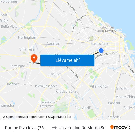Parque Rivadavia (26 - 84 - 132) to Universidad De Morón Sede Central map