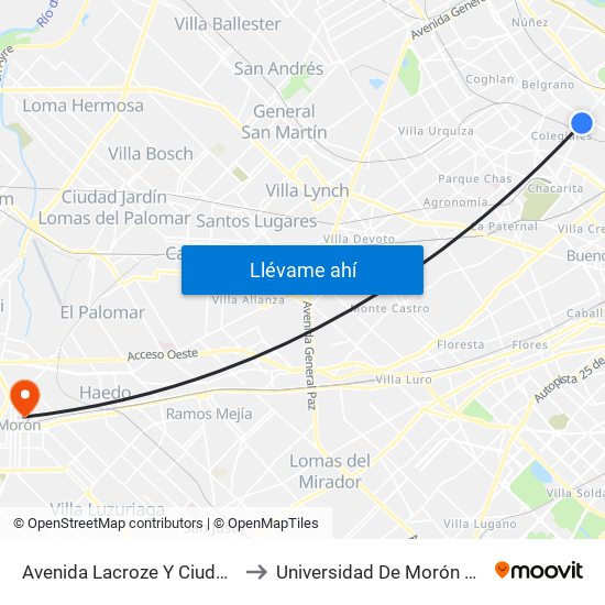 Avenida Lacroze Y Ciudad De La Paz to Universidad De Morón Sede Central map