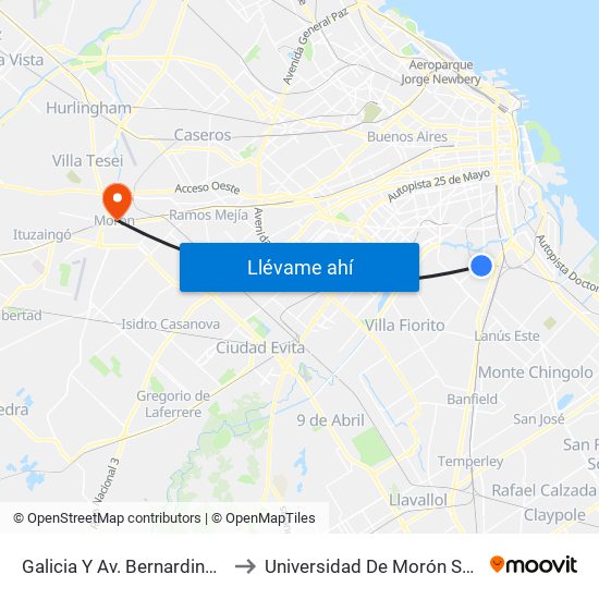 Galicia Y Av. Bernardino Rivadavia to Universidad De Morón Sede Central map