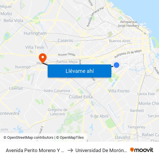 Avenida Perito Moreno Y Avenida Varela to Universidad De Morón Sede Central map