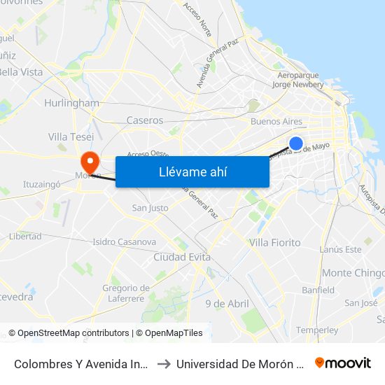 Colombres Y Avenida Independencia to Universidad De Morón Sede Central map