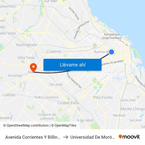 Avenida Corrientes Y Billinghurst (24 - 168) to Universidad De Morón Sede Central map