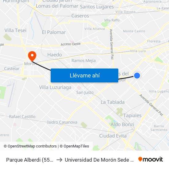 Parque Alberdi (55 - 92) to Universidad De Morón Sede Central map
