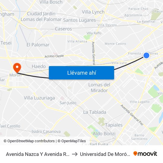 Avenida Nazca Y Avenida Rivadavia (25 - 53) to Universidad De Morón Sede Central map