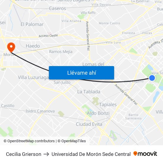 Cecilia Grierson to Universidad De Morón Sede Central map