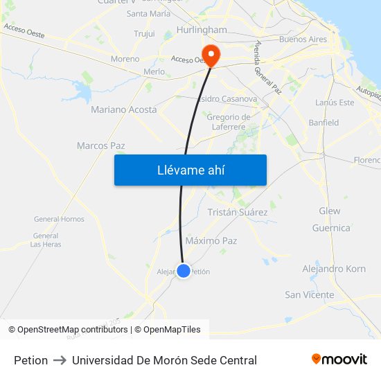 Petion to Universidad De Morón Sede Central map