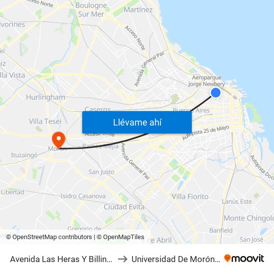 Avenida Las Heras Y Billinghurst (37 - 93) to Universidad De Morón Sede Central map