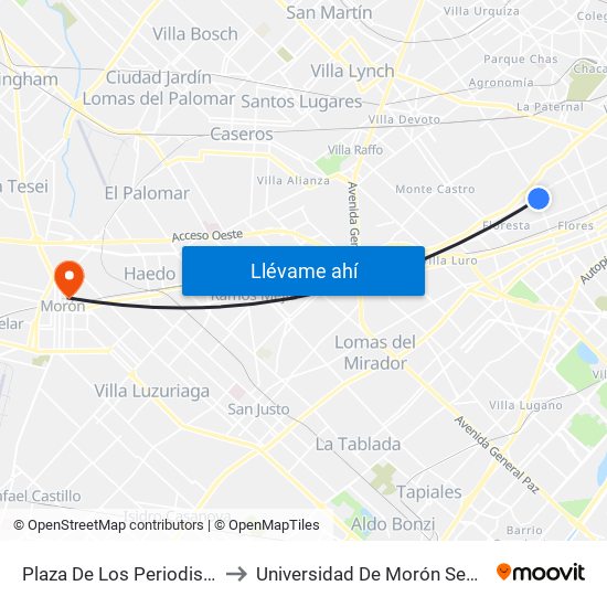 Plaza De Los Periodistas (53) to Universidad De Morón Sede Central map