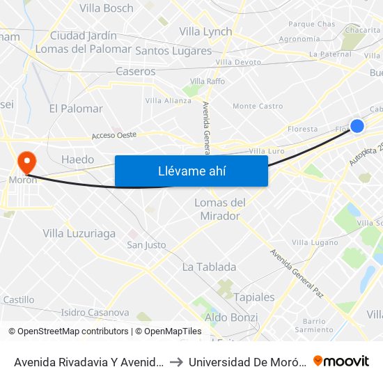 Avenida Rivadavia Y Avenida Carabobo (145) to Universidad De Morón Sede Central map