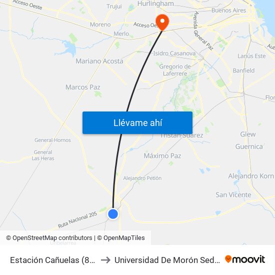 Estación Cañuelas (88 - 218) to Universidad De Morón Sede Central map