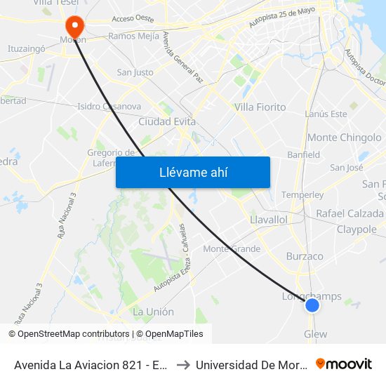 Avenida La Aviacion 821 - Estación Longchamps to Universidad De Morón Sede Central map