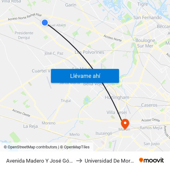 Avenida Madero Y José Gómez (Est. Del Viso) to Universidad De Morón Sede Central map