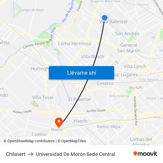 Chilavert to Universidad De Morón Sede Central map