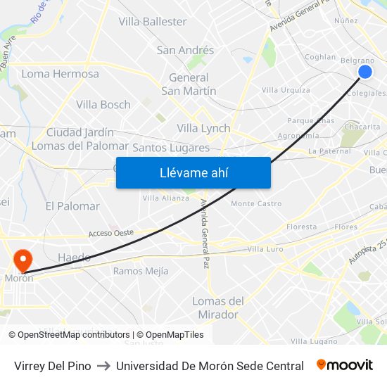 Virrey Del Pino to Universidad De Morón Sede Central map