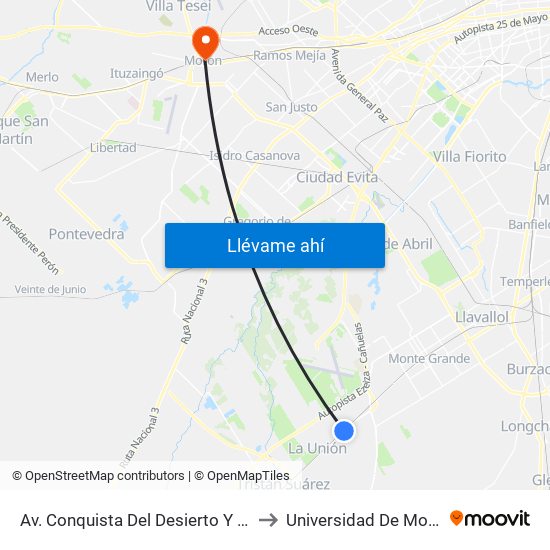 Av. Conquista Del Desierto Y Calle José María Ezeiza to Universidad De Morón Sede Central map