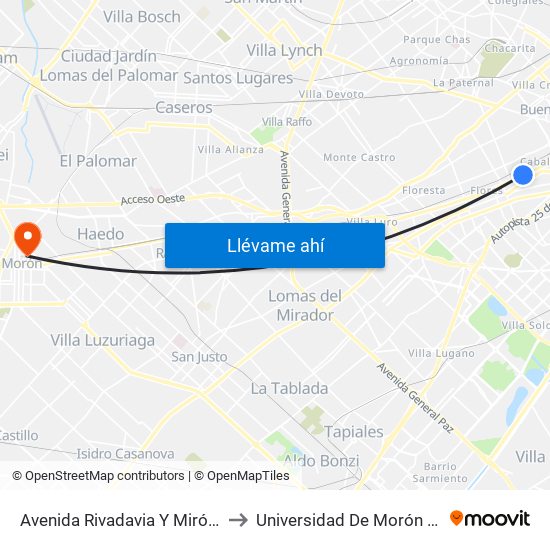 Avenida Rivadavia Y Miró (25 - 53 - 96) to Universidad De Morón Sede Central map