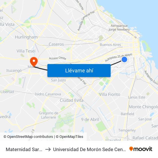 Maternidad Sardá to Universidad De Morón Sede Central map