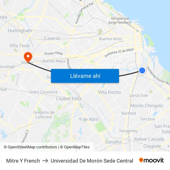 Mitre Y French to Universidad De Morón Sede Central map