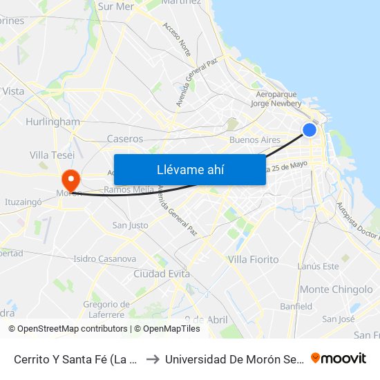 Cerrito Y Santa Fé (La Plata Vip) to Universidad De Morón Sede Central map