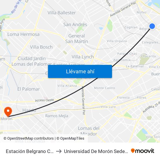 Estación Belgrano C (113) to Universidad De Morón Sede Central map