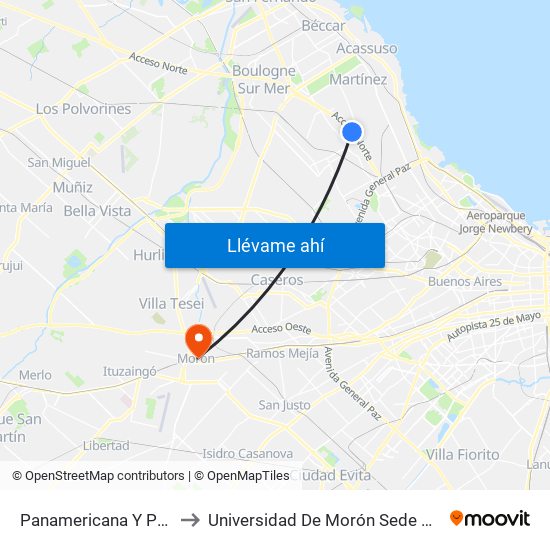 Panamericana Y Pelliza to Universidad De Morón Sede Central map