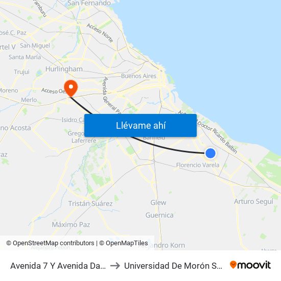 Avenida 7 Y Avenida Dardo Rocha to Universidad De Morón Sede Central map
