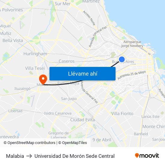 Malabia to Universidad De Morón Sede Central map