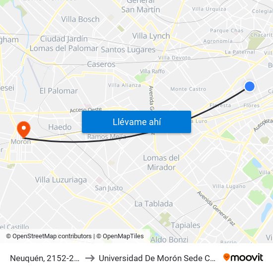 Neuquén, 2152-2176 to Universidad De Morón Sede Central map