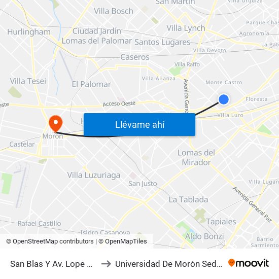San Blas Y Av. Lope De Vega to Universidad De Morón Sede Central map
