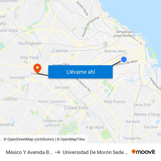 México Y Avenida Boedo to Universidad De Morón Sede Central map