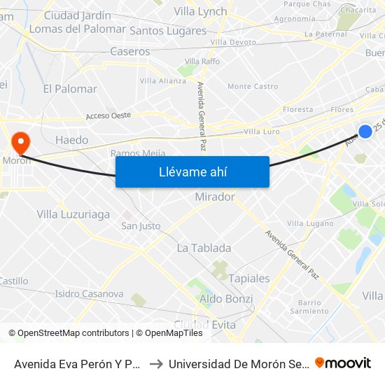 Avenida Eva Perón Y Pumacahua to Universidad De Morón Sede Central map