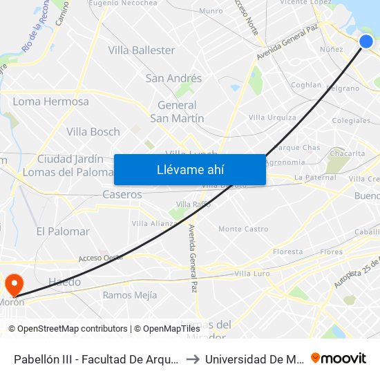 Pabellón III - Facultad De Arquitectura, Diseño Y Urbanismo to Universidad De Morón Sede Central map