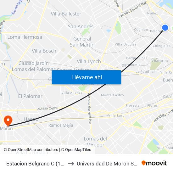 Estación Belgrano C (15 - 29 - 42) to Universidad De Morón Sede Central map