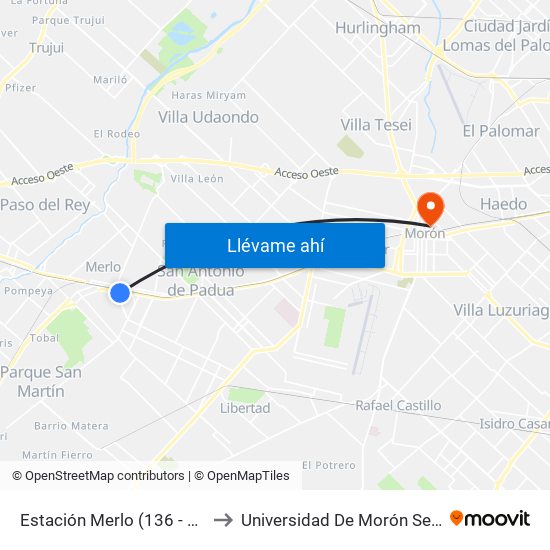 Estación Merlo (136 - 322 - 336) to Universidad De Morón Sede Central map