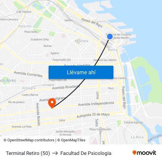 Terminal Retiro (50) to Facultad De Psicología map