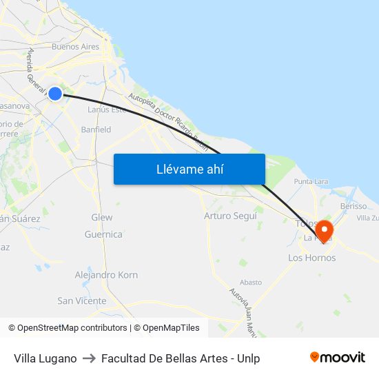 Villa Lugano to Facultad De Bellas Artes - Unlp map