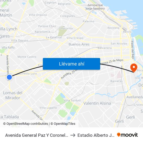 Avenida General Paz Y Coronel Falcón (21 - 28) to Estadio Alberto J. Armando map