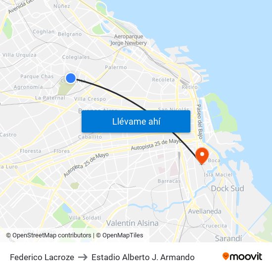 Federico Lacroze to Estadio Alberto J. Armando map