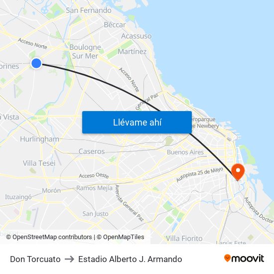 Don Torcuato to Estadio Alberto J. Armando map