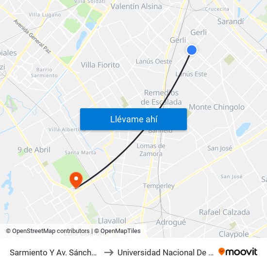 Sarmiento Y Av. Sánchez De Bustamante to Universidad Nacional De Lomas De Zamora map