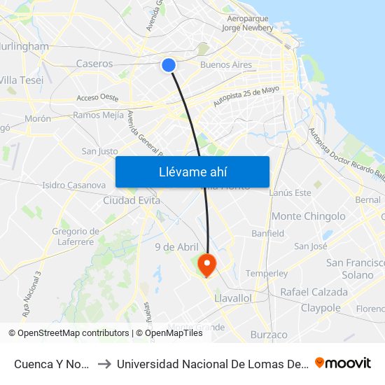 Cuenca Y Nogoyá to Universidad Nacional De Lomas De Zamora map