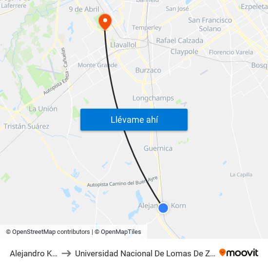 Alejandro Korn to Universidad Nacional De Lomas De Zamora map