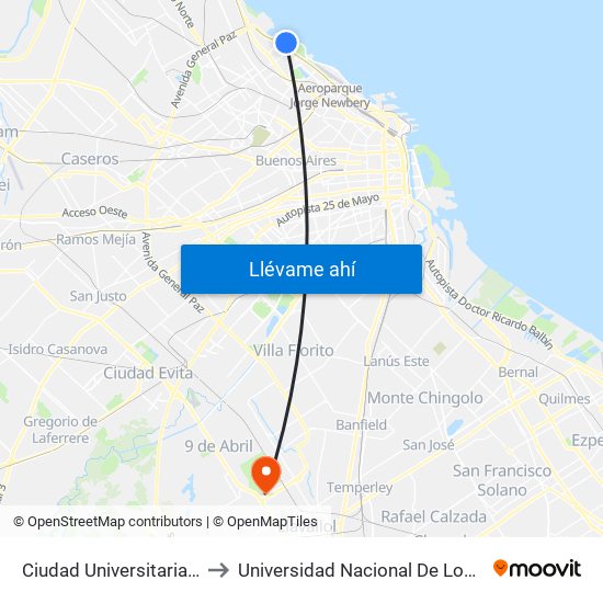 Ciudad Universitaria Pabellon II to Universidad Nacional De Lomas De Zamora map